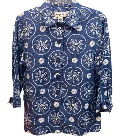 EASYSPIRIT Women’s Linen Button Up Short Sleeve  Shirt Sz Small Blue Beach - Picture 1 of 9